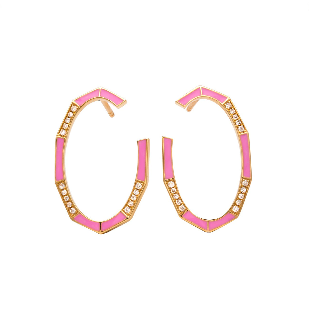 18K Pink Enamel Hexagon Diamond Hoop Earrings